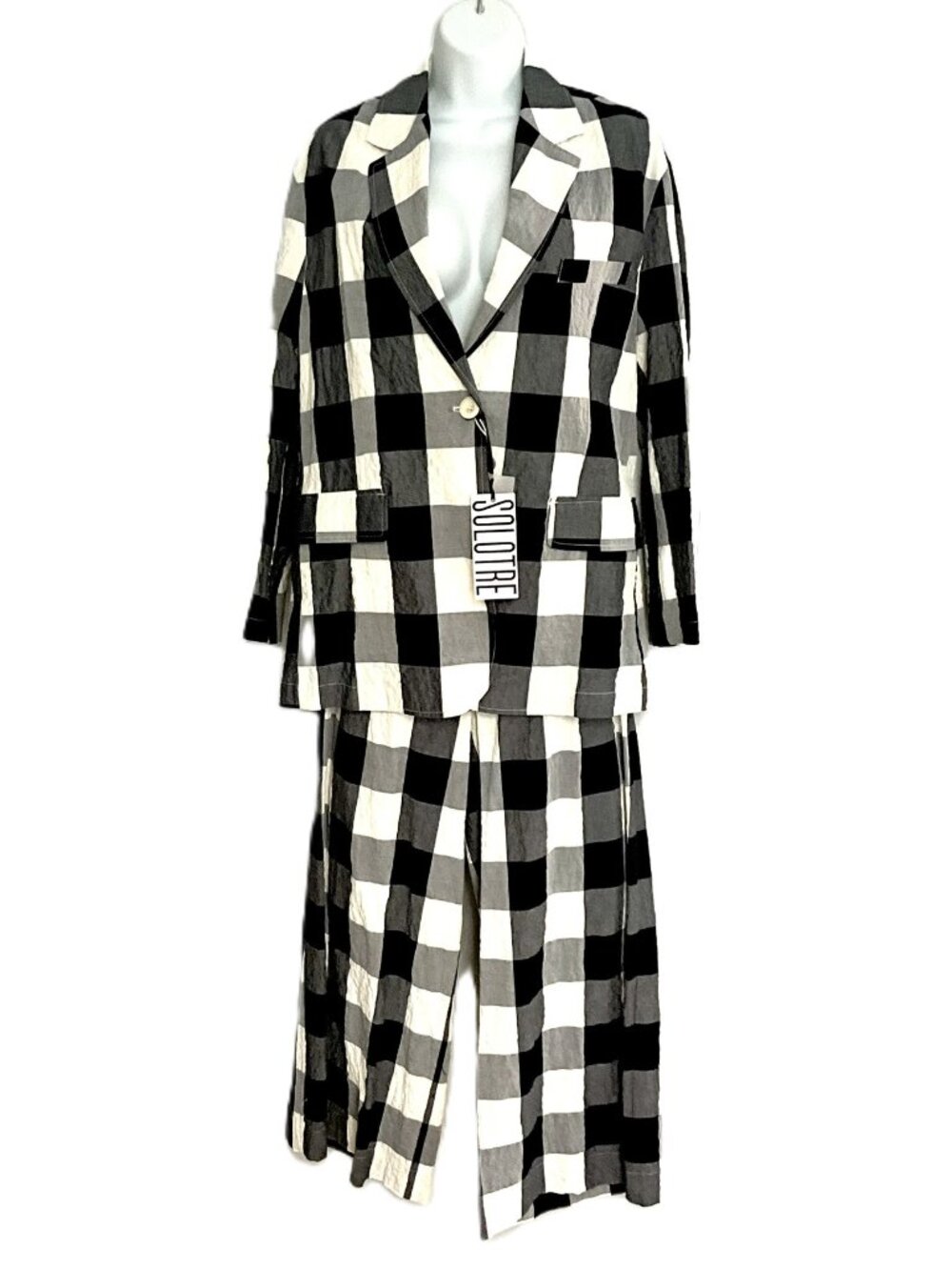 SOLOTRE Black White Buffalo Plaid Cotton Pantsuit Set IT40 Italy NWT